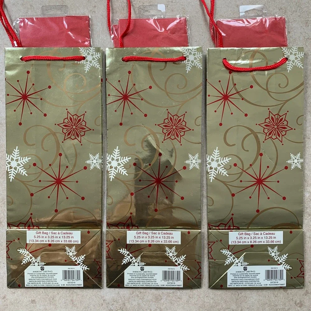 Lot 3x American Greetings Christmas Winter Holiday Party Gift Bags Gold Red NEW!